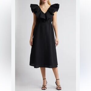 Chelsea28 Black Ruffle Neckline A-line Midi Dress Size XS Elastic Waist V-back